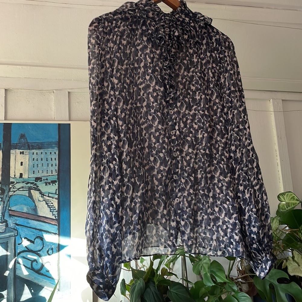 100% Silk Chiffon Abstract Animal Print Ruffle Blouse
